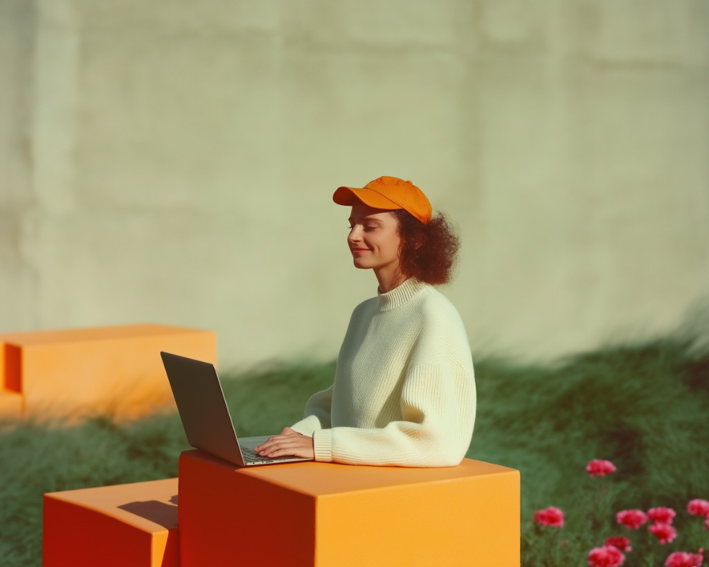 Professional working on a laptop in a bright outdoor workspace