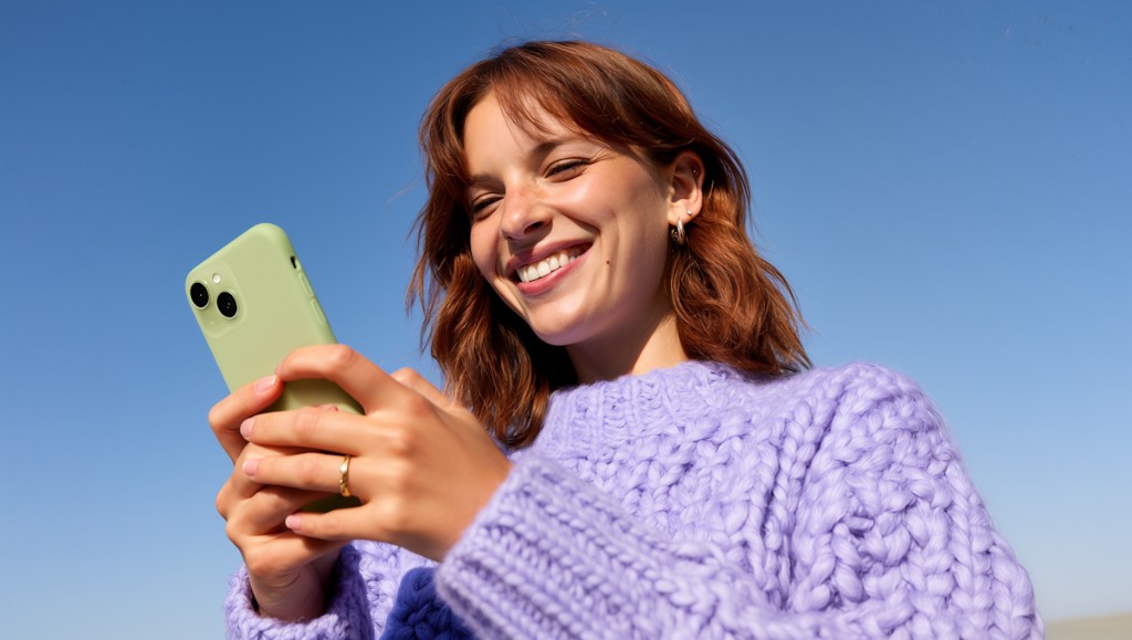 Customer smiling while using a smartphone against a bright blue sky